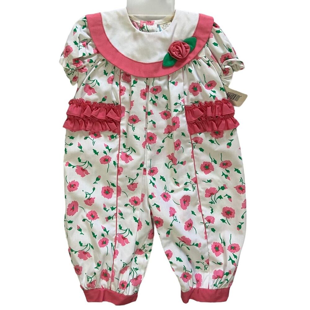 Vintage 80s Baby Pink, White, & Green Floral Collared Romper Size 6-9 Months